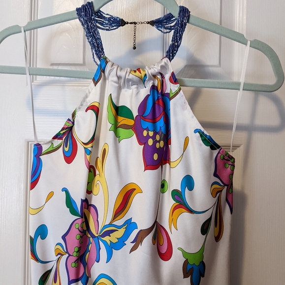 Vintage Y2K 90s Style Silk Floral Halter Midi Dress with Beaded Necklace Size 4 - Picture 2 of 6